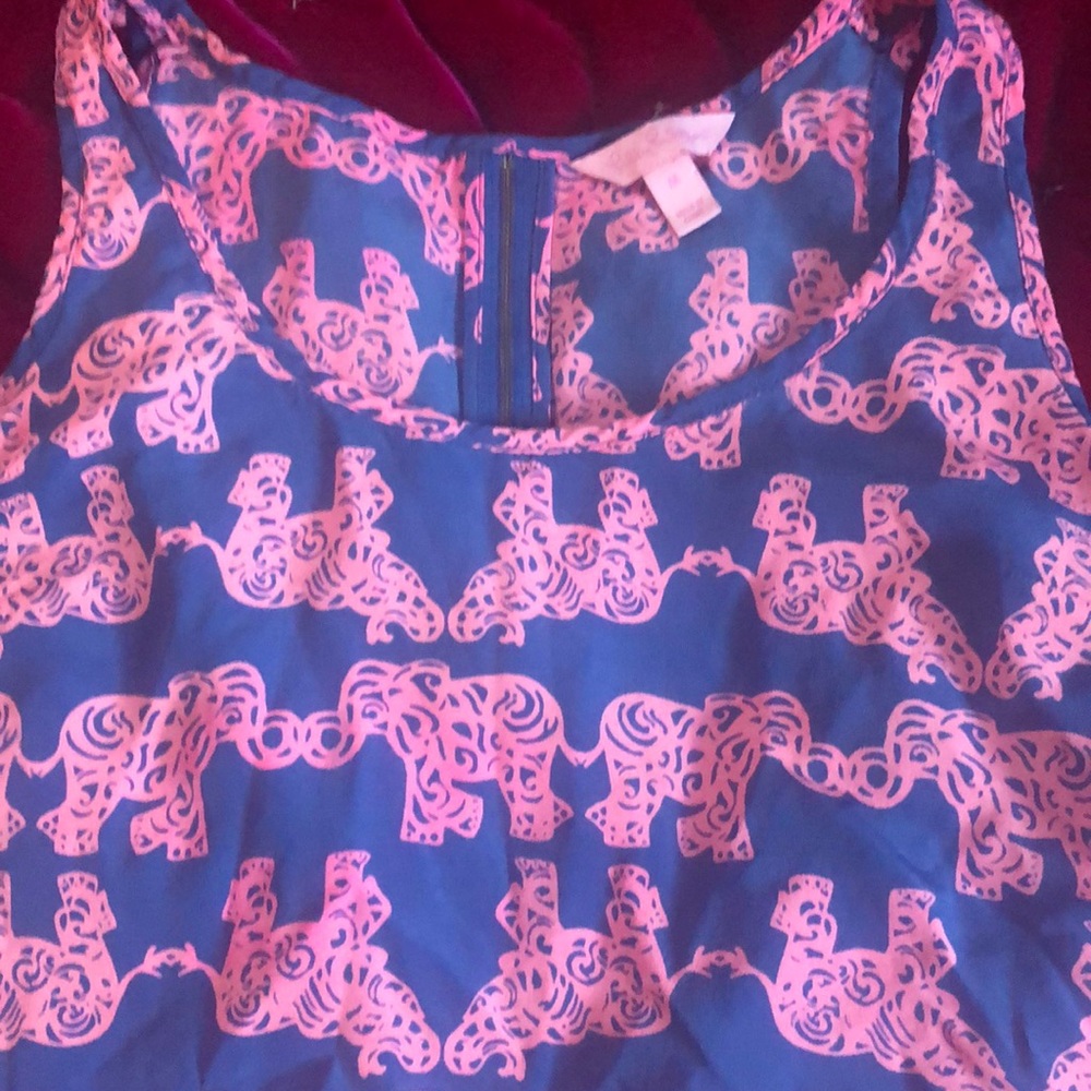 Lilly Pulitzer 100% Silk Blue and Pink Elephant Patterned Tank Top